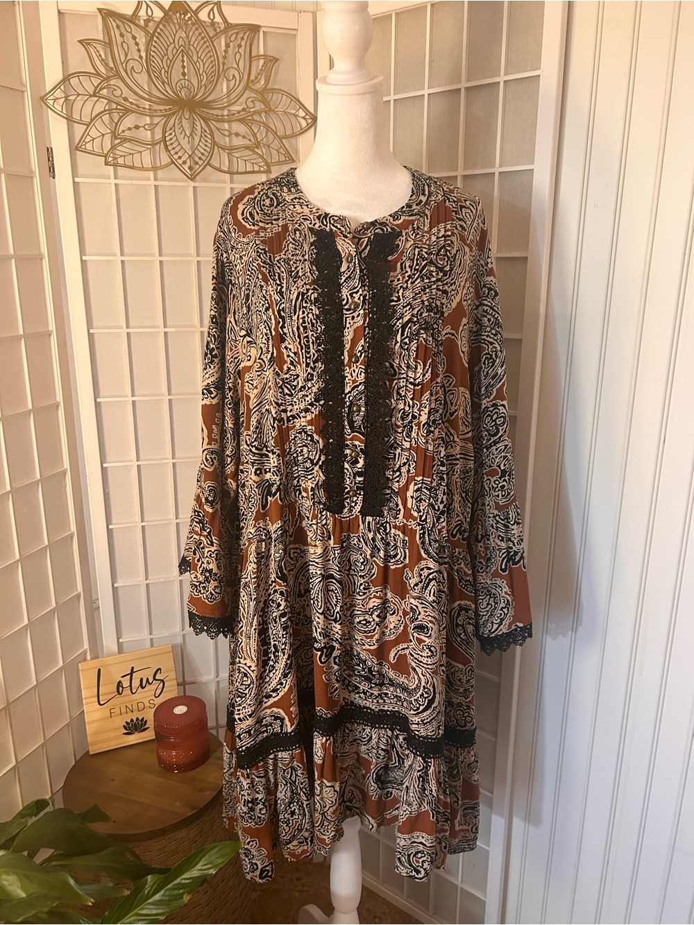 City Chic Paisley Lace-Trim Boho Dress XL Brown Black